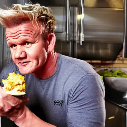 Prompt: gordon ramsay eating the food from the trash