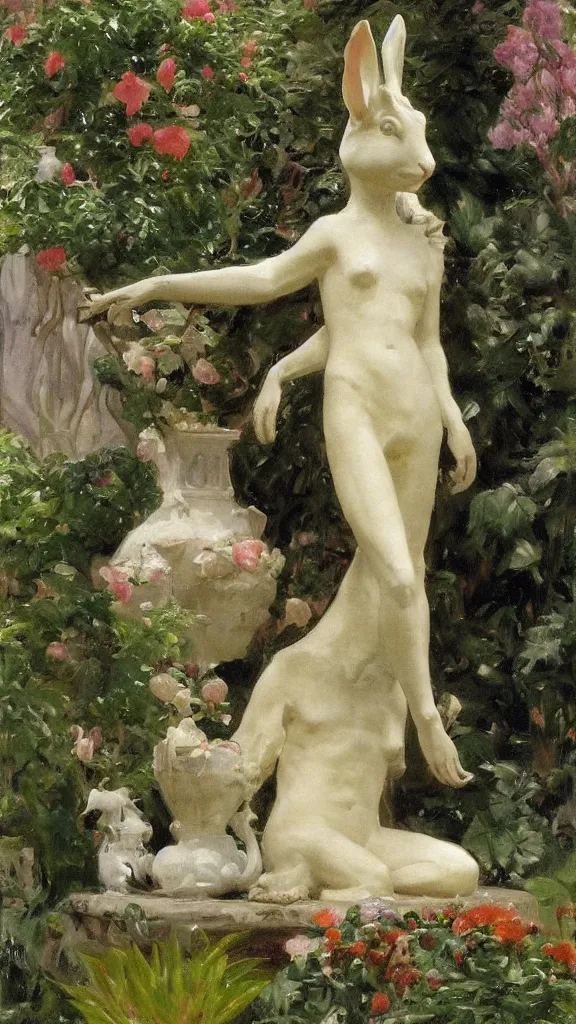 Image similar to a huge rabbit god statue beside a persian pot in botanical room by john singer sargent