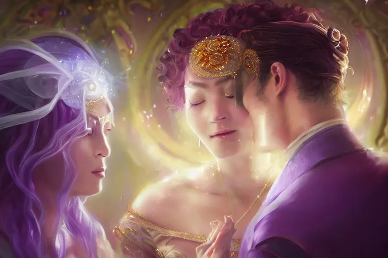 Image similar to a dreamlike cinematic portrait of wedding photograph close up moment of a divine a russian sun god and moon goddess lovers magician at a wedding banquet. portraiture. digital painting. artstation. concept art. fantasy wedding photo. digital painting, 8 k realistic, hyper detailed, violet evergarden art masterpiece by art by krenz cushart