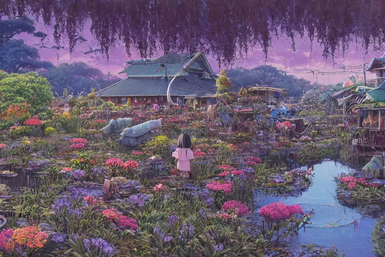 Prompt: oil painting, super - detailed scene spirited away, twilight junkyard, louisiana swamps, indigo blooming flowers garden, japanese sci - fi books art, artwork by jean giraud, hd, 4 k, high quality