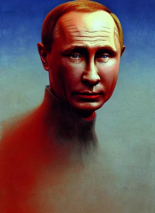 Image similar to Painting in a style of Beksinski featuring Vladimir Putin