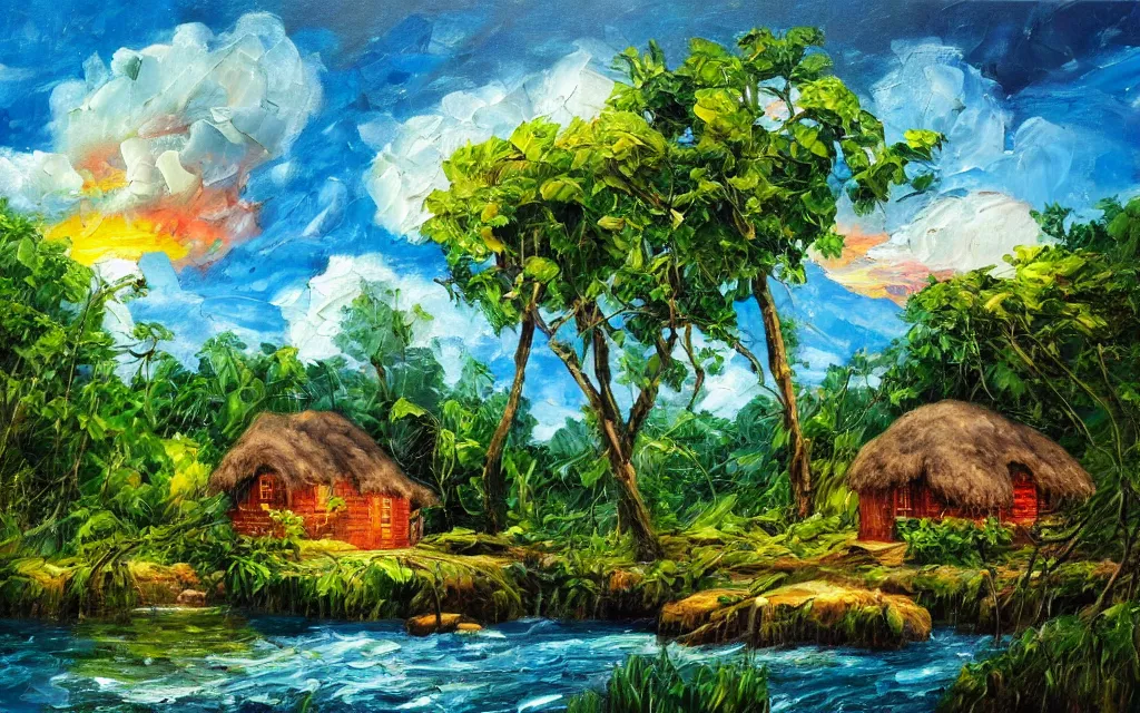 Image similar to a small island surrounded by water with a cozy cottage, with a garden courtyard, tropical forest, river, waterfall, sunset, puffy clouds, dramatic and dynamic lighting, thick brush strokes oil impasto painting