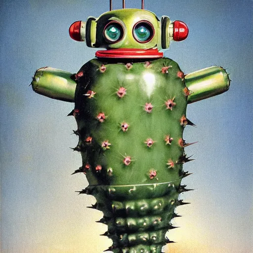 Image similar to body shot of 1950s retro cactus robot, with space above the head. Bionic Arms and eyes. pop surrealism, muted colours. by Jean-Baptiste Monge, wide shot