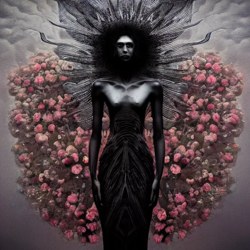 Prompt: A Black background portrait of An angel in a dress made of flowers by Zdzisław Beksiński and Simon Stålenhag and (((Yoshitaka Amano))),In style of digital illustration art,Rembrandt lighting,Ray tracing,hyper detailed,sharp focus,Soft light.4k