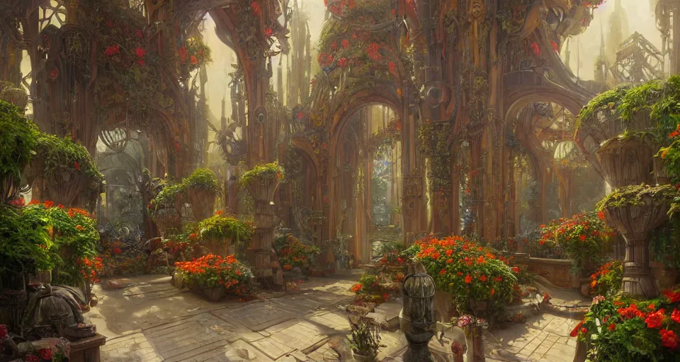 Prompt: an oil painting by donato giancola, warm coloured, cinematic scifi luxurious futuristic foggy biomechanical victorian garden courtyard with lotus blossoms and bulbous alien floral fungi cactus growing out of pretty ceramic baroque fountains, gigantic pillars and flowers, beeple, halo, star wars, ilm, star citizen, halo, mass effect, artstation, atmospheric perspective