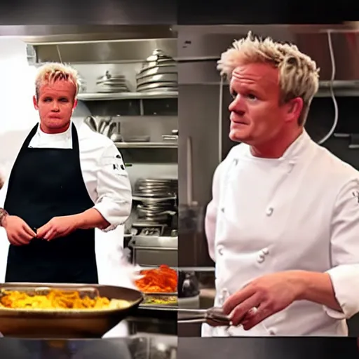 Image similar to hyper real Gordon Ramsey cooking a unicorn in kitchen 4k