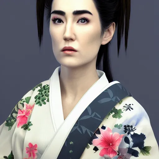 Image similar to Japanese Jennifer Connelly wearing kimono, realistic, photo studio, HDR, 8k, trending on artstation