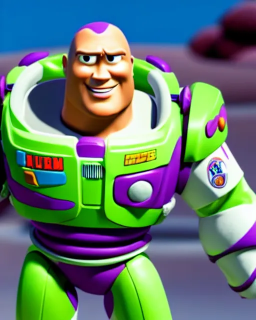 Image similar to Film still close-up shot of Dwayne Johnson as Buzz Lightyear in the movie Toy Story 3. Photographic, photography