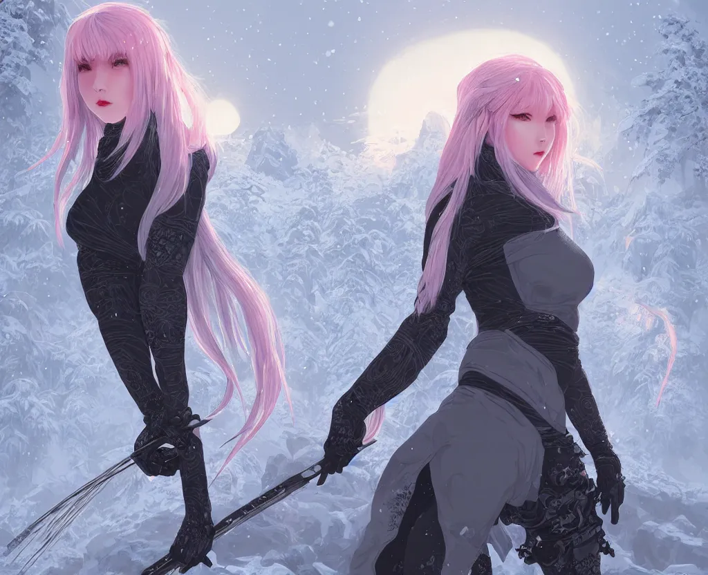 Image similar to portrait grey hair ninja gaiden girl, black plus little pink ninja wardrobe, at snowy fuji mountain sunrise, ssci - fi and fantasy, intricate and very very beautiful, detailed, digital painting, artstation, concept art, smooth and sharp focus, illustration, art by tian zi and wlop and alphonse mucha