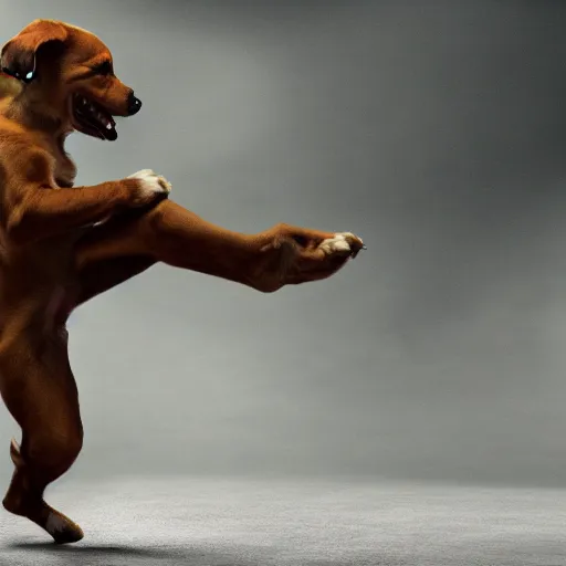 Prompt: kung fu puppy, majestic pose, dramatic lighting, cinematic scene