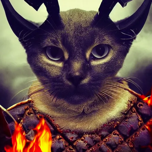 Image similar to evil cat with horns on its head sitting on a burning throne, the lord of hell, vast expanse of hell background, cat satan,