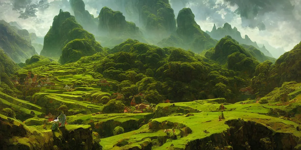 Prompt: lush green landscape villages castles buildings inverted upsidedown mountain range hanging from the sky fantasy surreal good composition artstation illustration sharp focus sunlit vista painted by ruan jia raymond swanland lawrence alma tadema zdzislaw beksinski norman rockwell tom lovell alex malveda greg staples