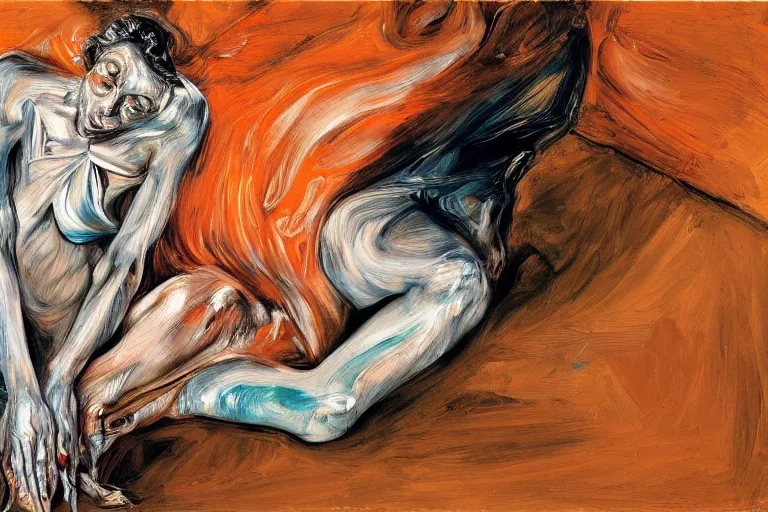 Image similar to high quality high detail painting of a ballerina in agony by lucian freud and jenny saville and francis bacon, hd, dark demonic dancer, turquoise and orange