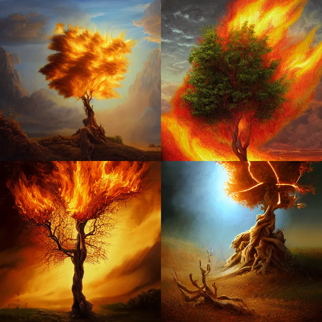 Prompt: illustration of a burning bush, realistic painting, classical painting, high definition, digital art, matte painting, very detailed, realistic