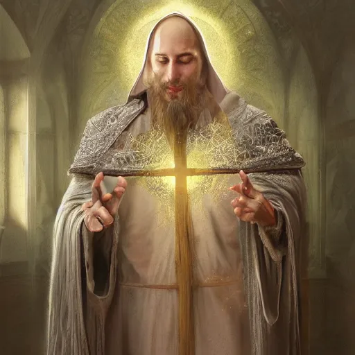 Image similar to highly detailed picture of a man with holes in his robes, religious man wearing clothes with huge rips, destroyed clothes, medieval background, mystic, d & d, fantasy, intricate, elegant, highly detailed, digital painting, artstation, concept art, smooth, sharp focus, illustration, art by artgerm and greg rutkowski and alphonse mucha