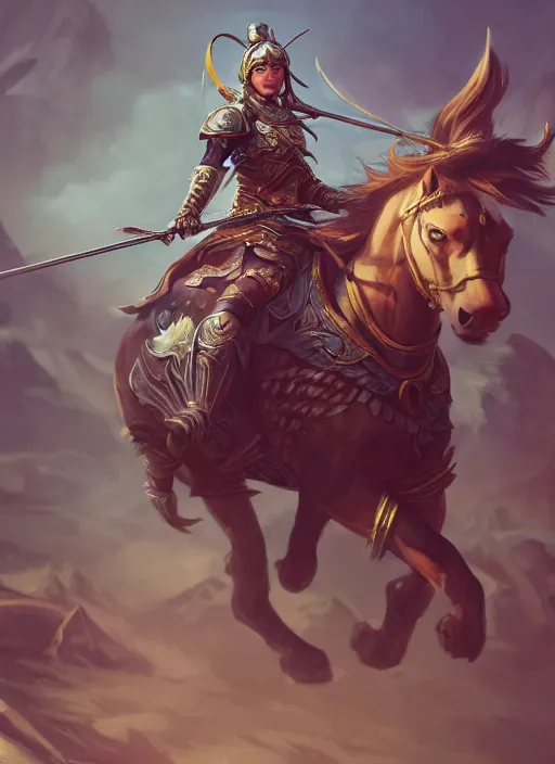 Image similar to a highly detailed illustration of fierce mongol warrior princess riding horse, heroic wielding bow pose, intricate, elegant, highly detailed, centered, digital painting, artstation, concept art, smooth, sharp focus, league of legends concept art, wlop.