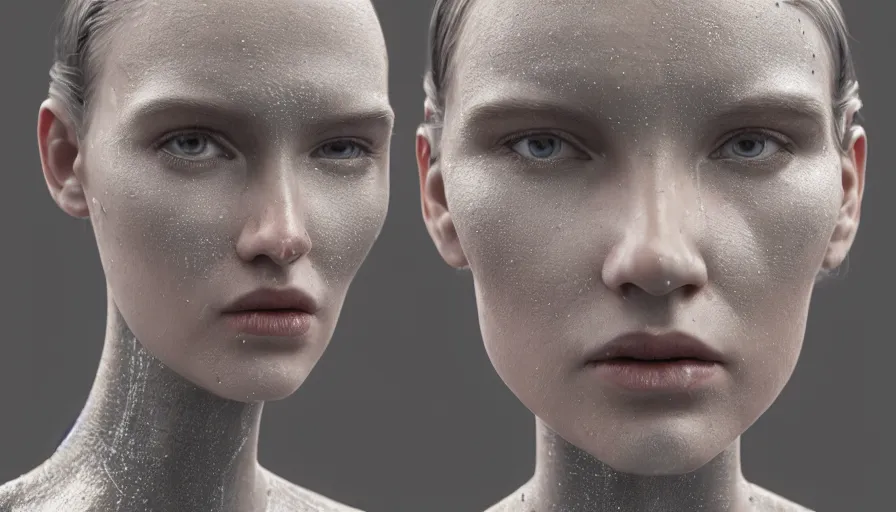 Image similar to hyperrealistic mixed media portrait of humanoid roboter forward angle, stunning 3d render inspired art by P. Craig Russell + perfect facial symmetry + dim volumetric lighting, 8k octane beautifully detailed render, post-processing, extremely hyperdetailed, intricate complexity, epic composition, grim yet sparkling atmosphere, cinematic lighting + masterpiece, trending on artstation