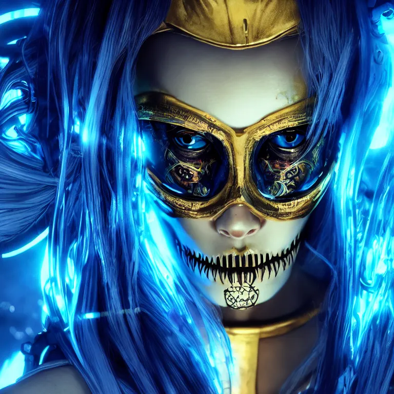 Image similar to beautiful cinematic poster, female cyberpunk cyborg, a gold sugar skull mask, brilliant blue flowing hair, beautiful glowing eyes, wideshot ultrawide angle epic scale, hybrid from the elden ring and art direction by darius zawadzki, wayne reynolds artstation ; cinematic quality character render ; low angle ; ultra high quality model, quality cinema model