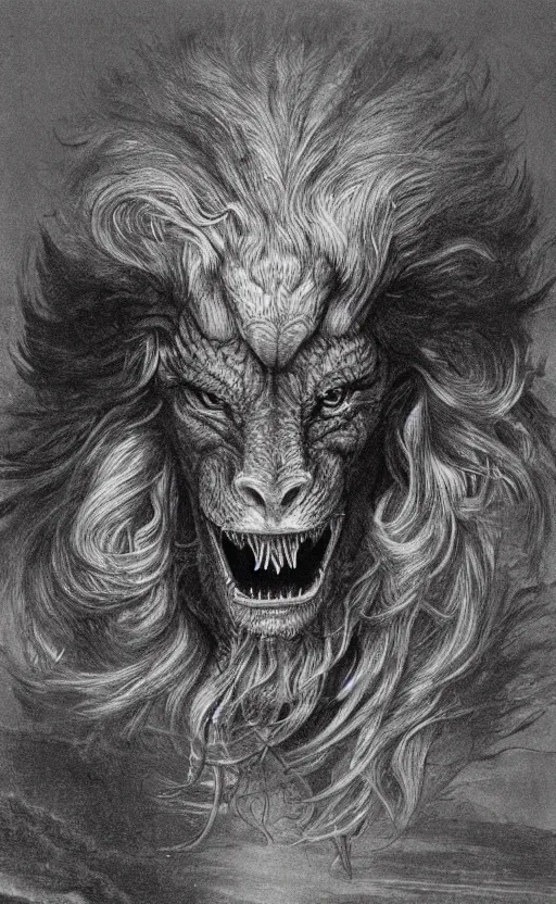 Image similar to a creature with the body and eyes of a man, with the beak of an eagle, the mane of a lion, and the horn of a bull. drawn by moebius and zdzislaw beksinski