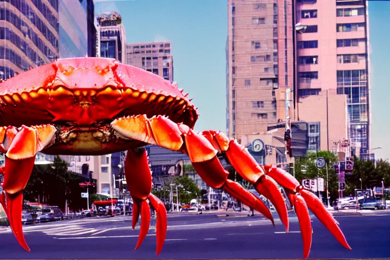 Image similar to 2 0 1 5 cute giant crab terrorizing a city, googie city, americana, fishcore, exterior photography, hd 8 k, photography cinestill