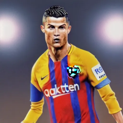 Image similar to cristiano ronaldo sporting a barcelona jersey, 8 k, 4 k uhd, realistic, hyper realistic, super detailed, very detailed, detailed