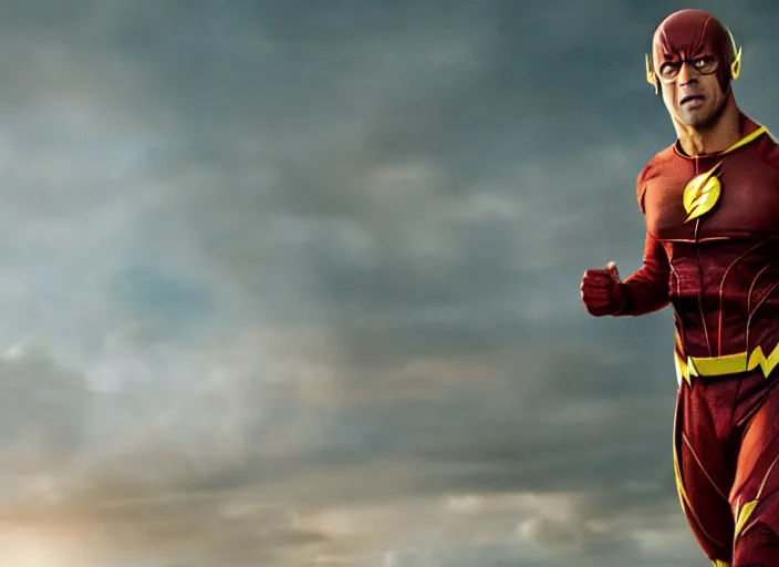 Image similar to film still of dwayne the rock johnson as the flash in the new flash movie, 4 k