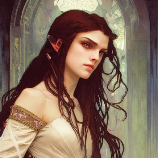 Image similar to Digital portrait of a pretty half-elf half-vampire young woman. Her eyes have red irises and vertical pupils. Art by Greg Rutkowski and Alphonse Mucha