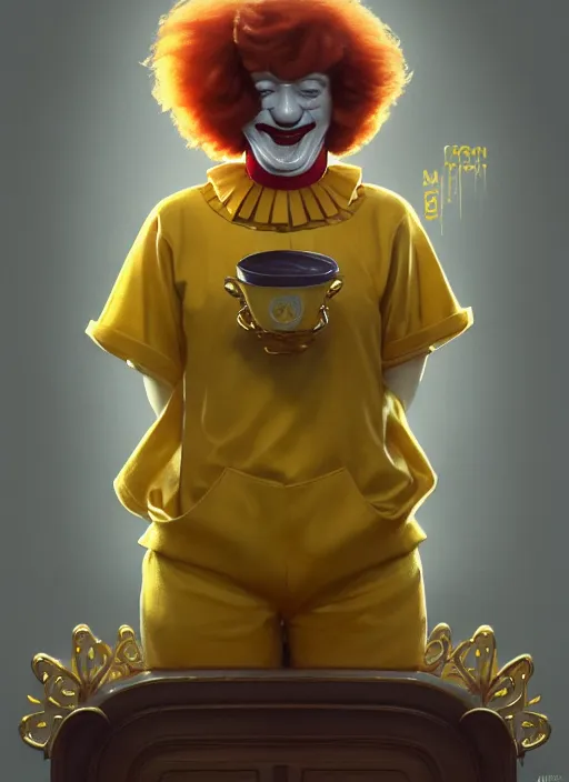 Image similar to close up portrait of ronald mcdonald, yellow jumper with white collar, chicken mcnuggets throne room by artgerm, cushart krenz, greg rutkowski, mucha. art nouveau. gloomhaven, golden arches logo, pale colors, sharp edges. ultra clear detailed. 8 k. elegant, intricate, octane render