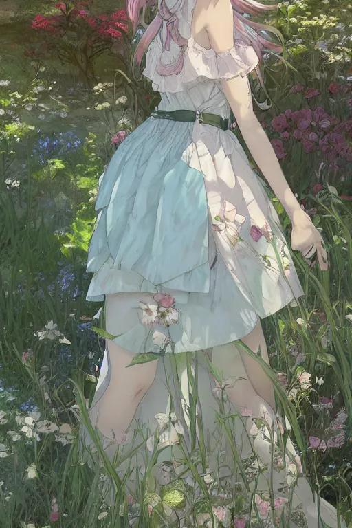 Image similar to a depressed digital art, loli in dress, garden, green and warm theme, blue accents, back lighting, highly detailed, 4 k resolution, trending on art station, by krenz cushart and mucha and akihito yoshida and greg rutkowski