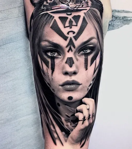 Image similar to tattoo design of a beautiful girl warrior with a tiger head above her, hyper realistic, realism tattoo, by eliot kohek, beautiful eyes, realistic face, black and white, white background