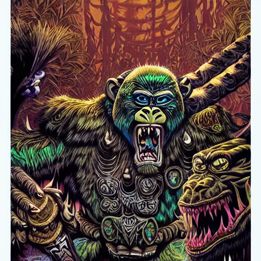 Image similar to barong family member, wiwek, mara demon, one single tribe member, jungle, one single mask, dark, ancient warrior, gorilla, lizard, tribal, inner glow, art by derek riggs and dan mumford and justin gerard