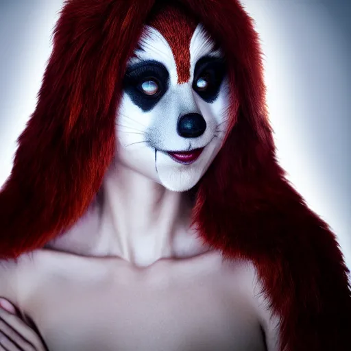 Image similar to woman dress as redpanda, cinematic lighting, various refining methods, micro macro autofocus, ultra definition, award winning photo