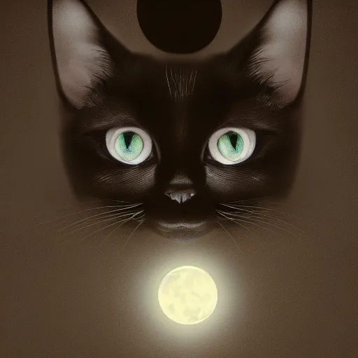 Image similar to the most beautiful black cat ever seen with big eyes in the middle of the street at mid night with the moon in the sky. Award winning. Unreal 5. Realistic. Highly detailed. Artstation. Professional photographer.