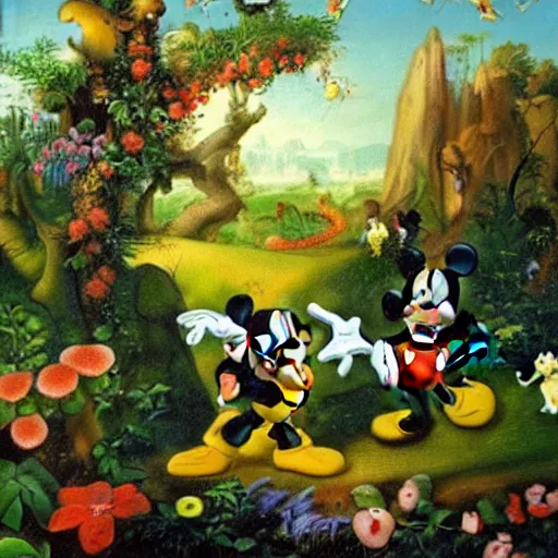 Prompt: mickey mouse entering the garden of eden, oil painting, masterpiece