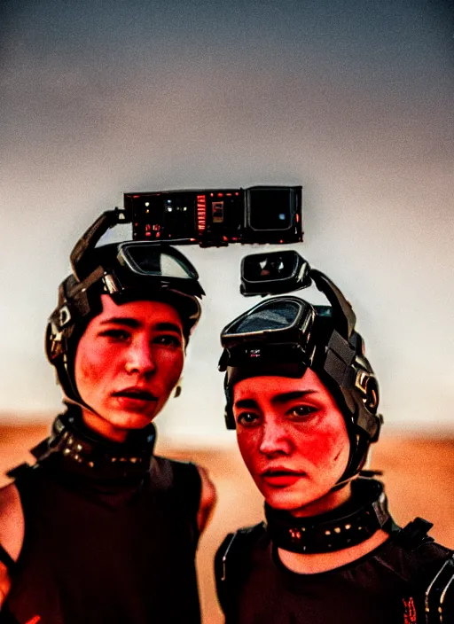 Prompt: cinestill 5 0 d photographic portrait of two loving ostentatious female androids wearing rugged black techwear on a desolate plain with a red sky, extreme closeup, cyberpunk style, garters, dust storm, 8 k, hd, high resolution, 3 5 mm, f / 3 2, ultra realistic faces, ex machina
