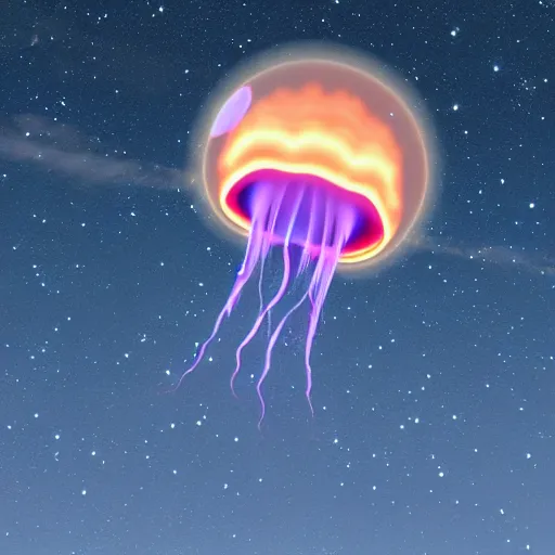 Prompt: glowing jellyfish flying in the clear night sky, 4 k, photorealistic, digital image