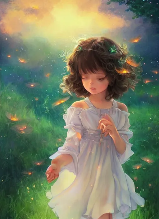 Prompt: A cute little girl with shoulder length curly brown hair with a happy expression wearing a summer dress dancing with fireflies, she is in the distance. beautiful fantasy art by By Artgerm and Hayao Miyazaki, trending on artstation.