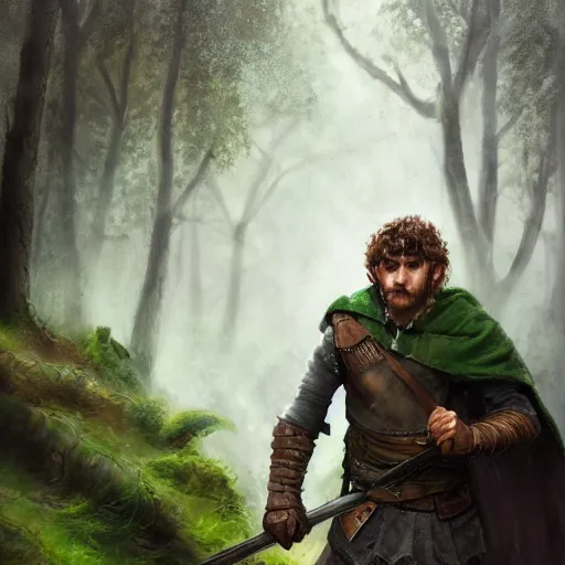 Image similar to a rugged warrior hobbit in leather armor with very short hair and a dark green cloak and dark green hood hiking through the forest with his pet dragon holding a hunting bow, clean shaven, trending on artstation, realistic, detailed, by Tony Sart