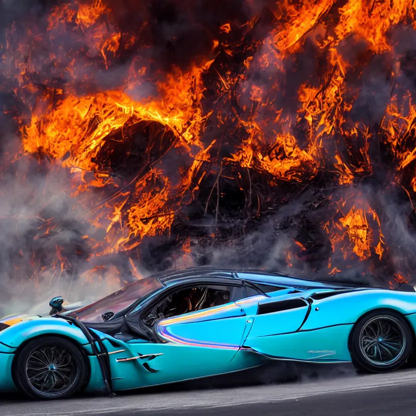 Image similar to close - up of an iridescent rainbow pagani huayra on fire after a big crash, 4 k, highly detailed, award winning, look at all that detail!