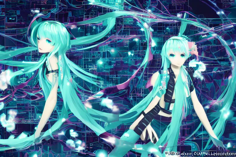 Image similar to fractal hatsune miku gnu / linux desktop environment, romance novel cover, cookbook photo, in 1 9 9 5, y 2 k cybercore, industrial photography, still from a ridley scott movie