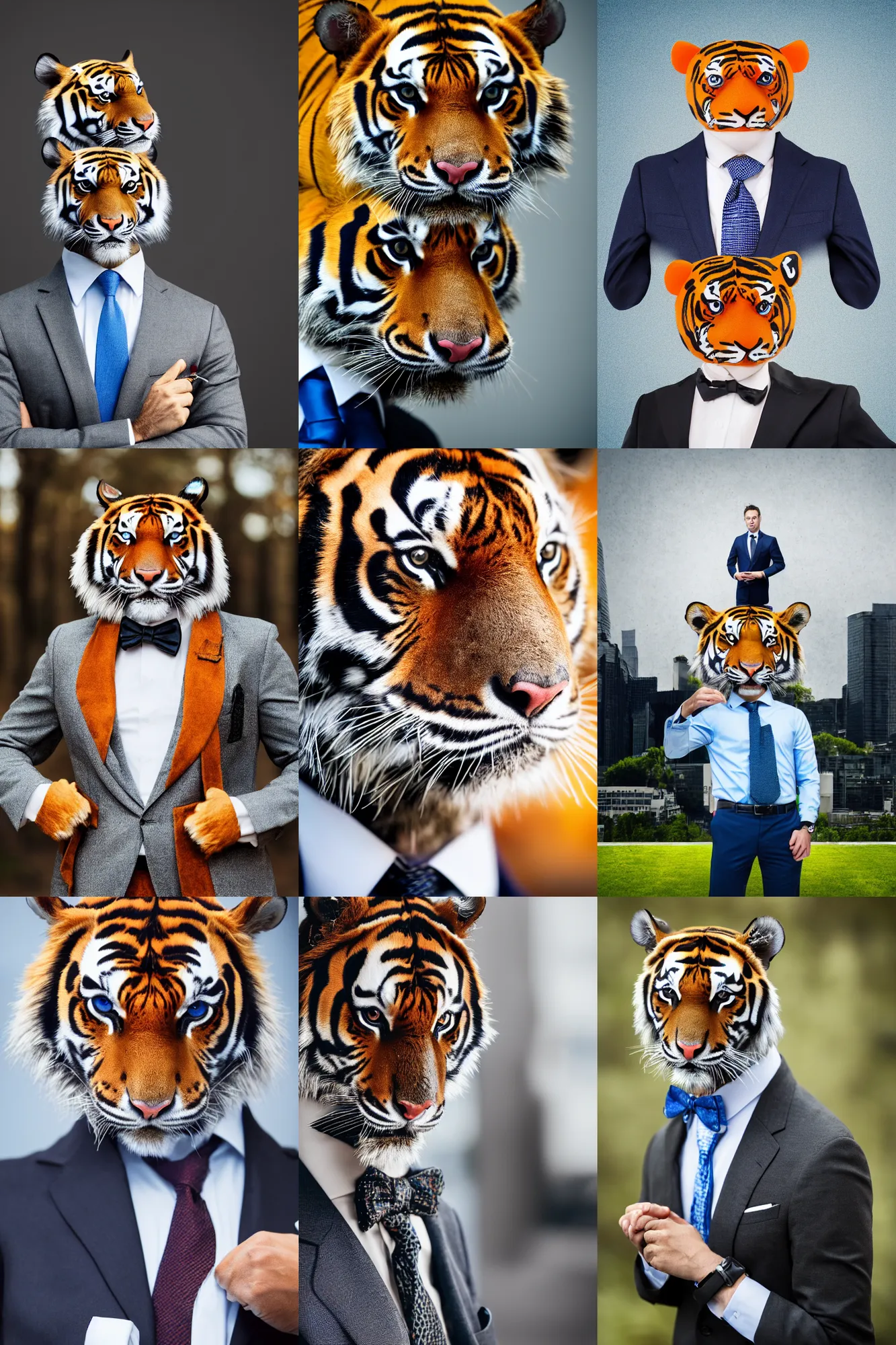 Prompt: high quality portrait photo of an industrialist tiger dressed in a dark business suit and tie, Anthropomorphic, photography 4k, f1.8 bokeh, 4k, 85mm lens, sharp eyes, blue eyes