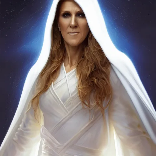 Image similar to perfectly - centered - portrait of celine dion wearing white cloak holding light saber, intricate, highly detailed, digital painting, artstation, concept art, smooth, sharp focus, illustration, unreal engine 5, 8 k, art by artgerm and greg rutkowski and alphonse mucha