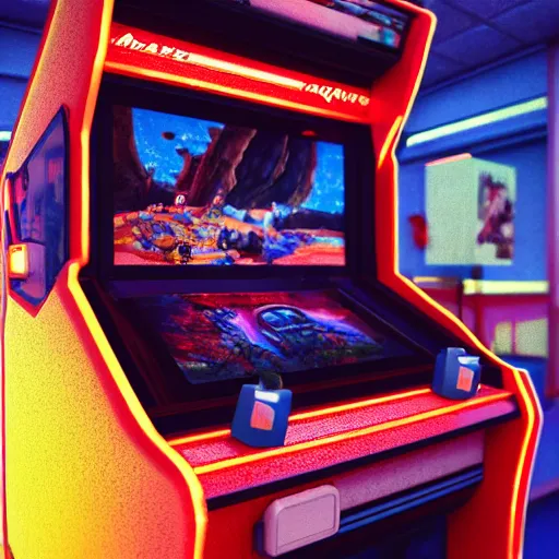 Image similar to 1990s arcade machine, octane render, unreal engine, digital art, Artstation, Trending on Artstation, Artstation HQ, Artstation HD, cgsociety, Pinterest, 8k , close up to the screen, wide angle, godrays, volumetric, reflections, cinematic, epic, ultra realistic, accurate, coherent, 3D Render,