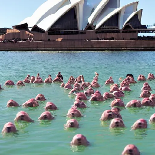 Prompt: spencer tunick photograph of group of blobfish on the sydney opera house foreshore