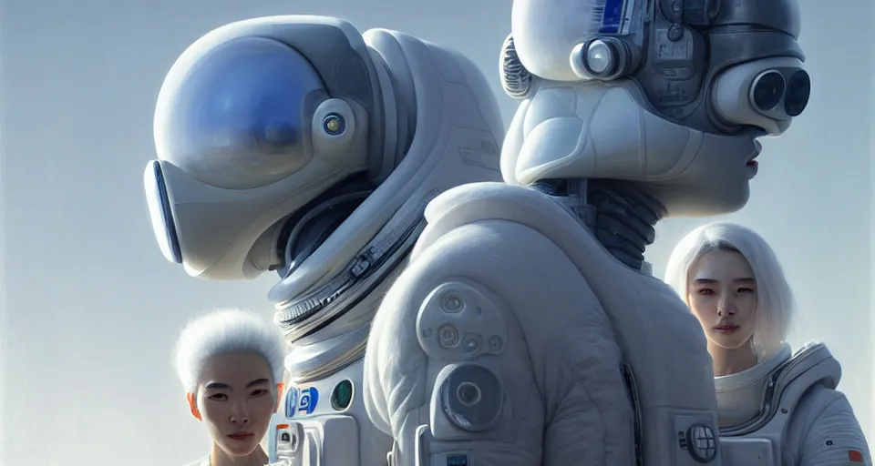 Prompt: portrait of yael shelbia and kang seul - gi, astronaut, symetrical facial, white hair, intricate design details. cyberpunk touareg, by ruan jia, weldon casey, ralph mcquarrie. smooth gradients, transparent inflatable structures.