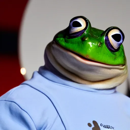 Image similar to mark zuckerberg introducing the Facebook Frog: a live frog