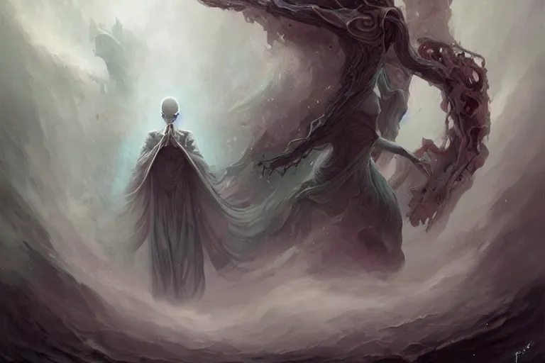 Image similar to a humanoid creature with pale white skin and a gaunt face. the creature is bald. the god of imagination. it is wearing a black flowing cloak that looks like mist. it is crafting an imaginary world. cosmic horror. art by peter mohrbacher.