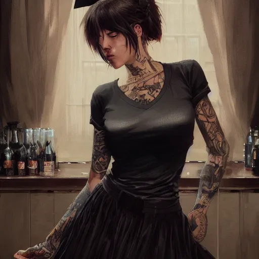 Image similar to french bar maid, tattoos, black t - shirt, black skirt, detailed portrait, intricate complexity, by greg rutkowski, artgerm, ross tran, conrad roset, takato yomamoto, ilya kuvshinov. 4 k, beautiful, cinematic dramatic atmosphere