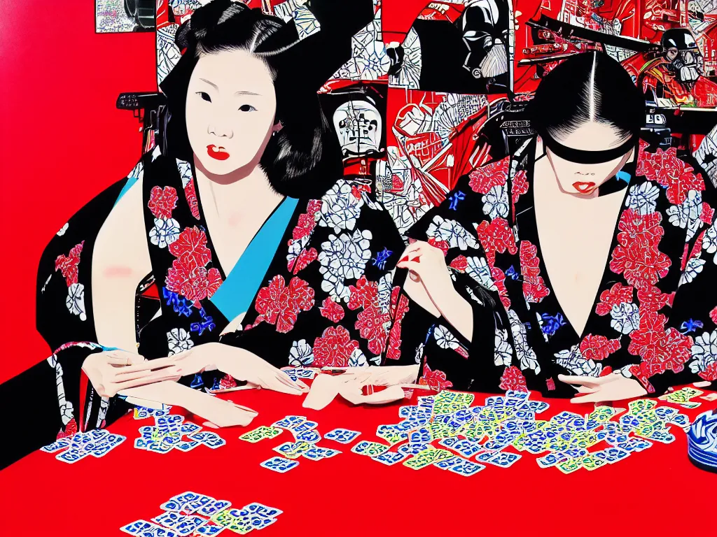 Image similar to hyperrealism composition of the detailed woman in a japanese kimono sitting at an extremely detailed poker table with darth vader, fireworks and folding screen on the background, pop - art style, jacky tsai style, andy warhol style, acrylic on canvas