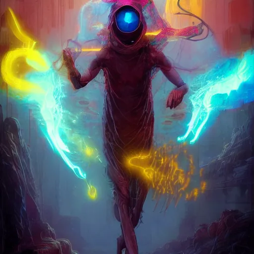 Prompt: medium shot of a ghostly transparent yellow lightning elemental humanoid with red and blue goggles, cyberpunk concept art by pete mohrbacher and seb mckinnon and beksinski and josan gonzales, digital art, highly detailed, intricate, sci-fi, sharp focus, Trending on Artstation HQ, deviantart, unreal engine 5, 4K UHD image